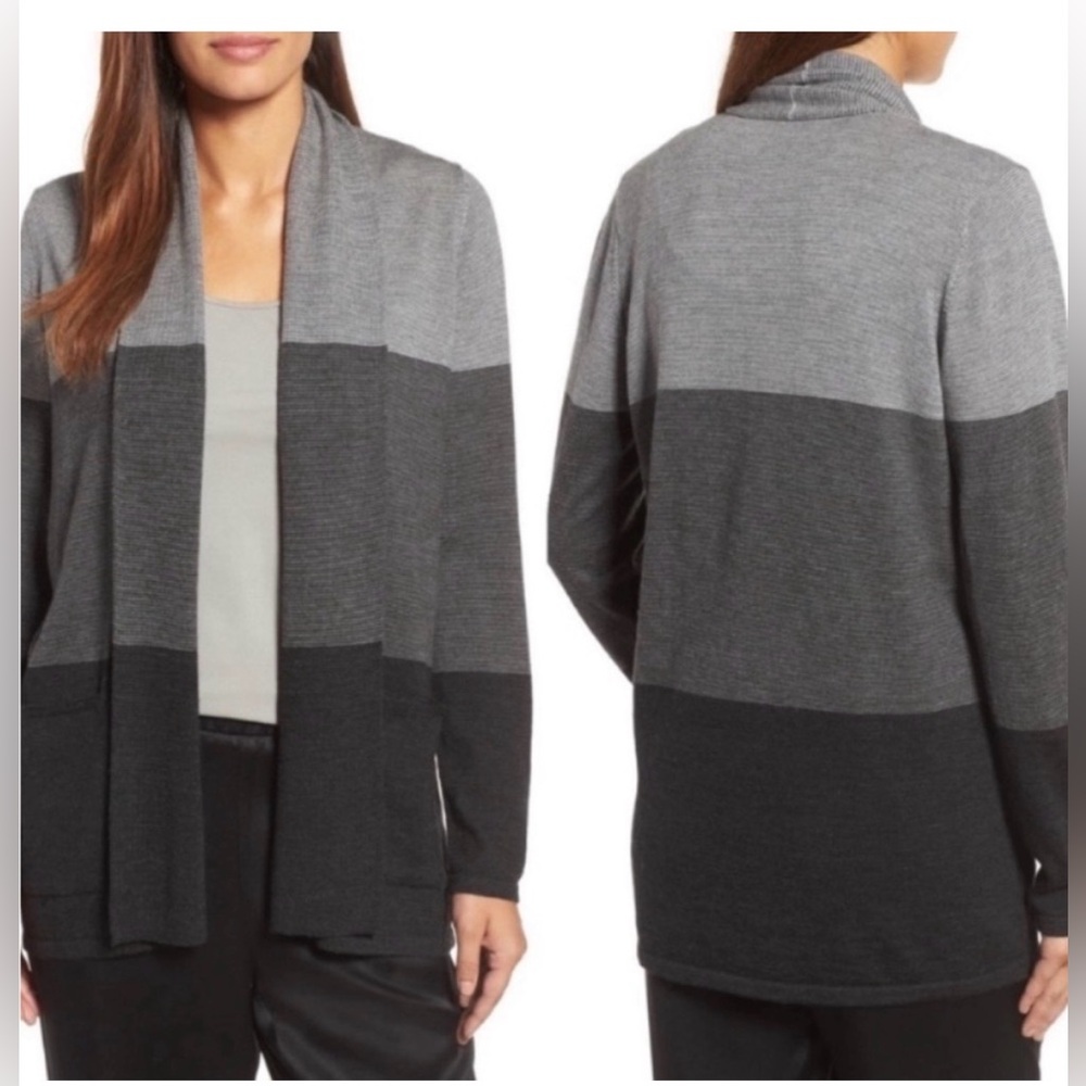 Eileen Fisher Color Block 100% Merino Wool Open Front Cardigan. Size L